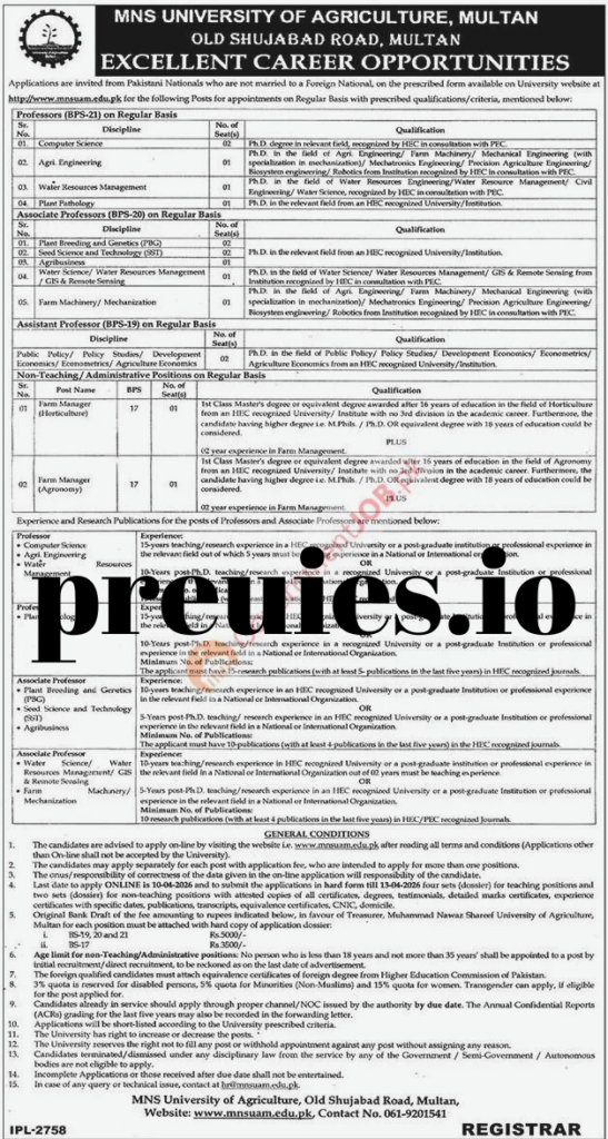 MNS University of Agriculture Multan Jobs 2026