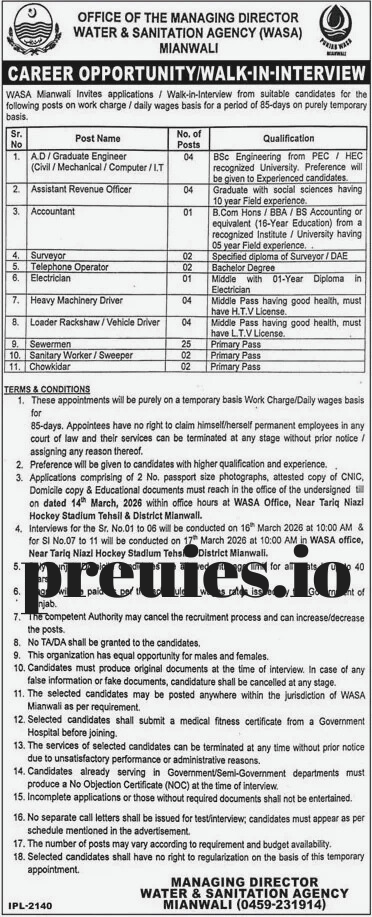 WASA Mianwali Jobs March 2026